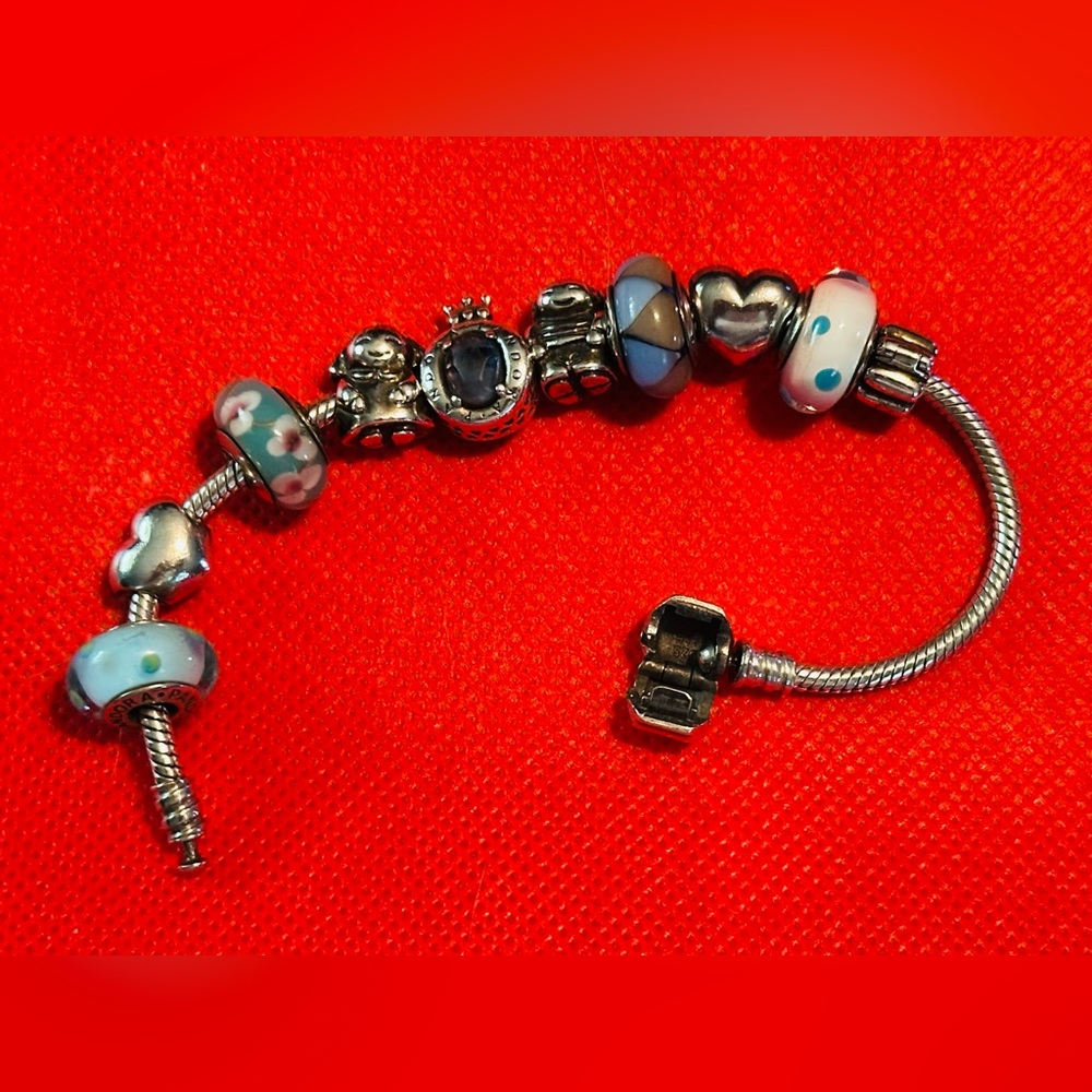 Authentic Pandora Silver and Blue Charm Bracelet with 10 charms - Picture 4 of 5